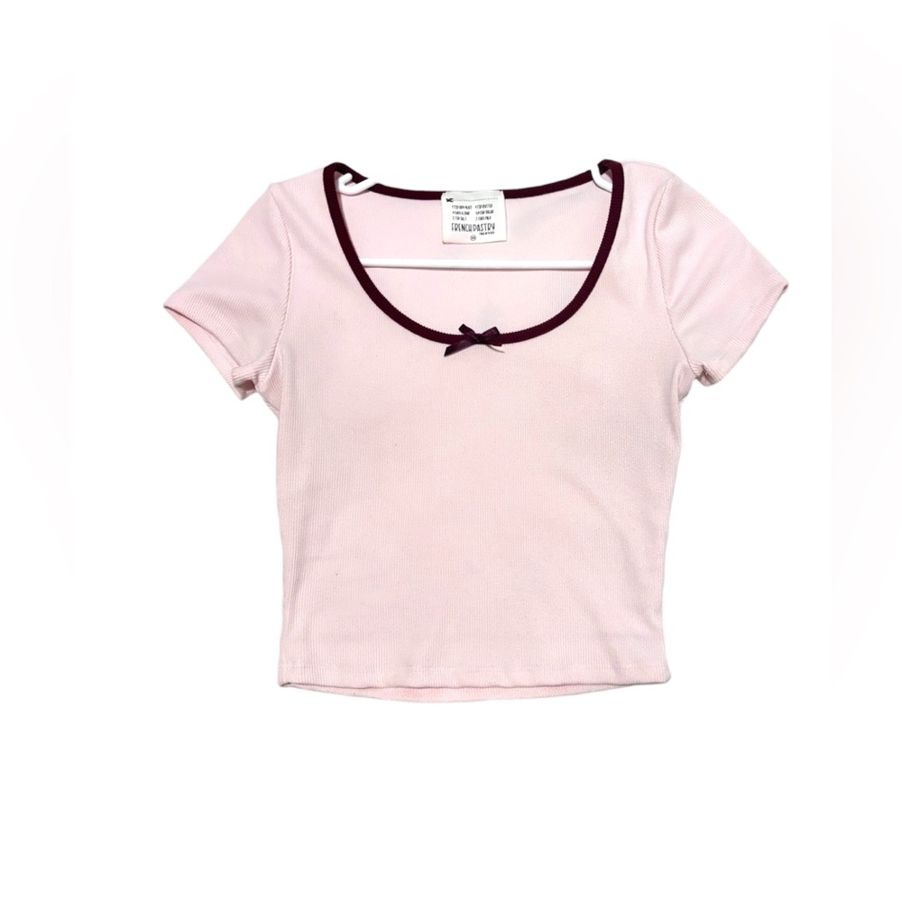 french pastry Light Pink Ribbed Scoop Neck Top with Dark Berry Trim